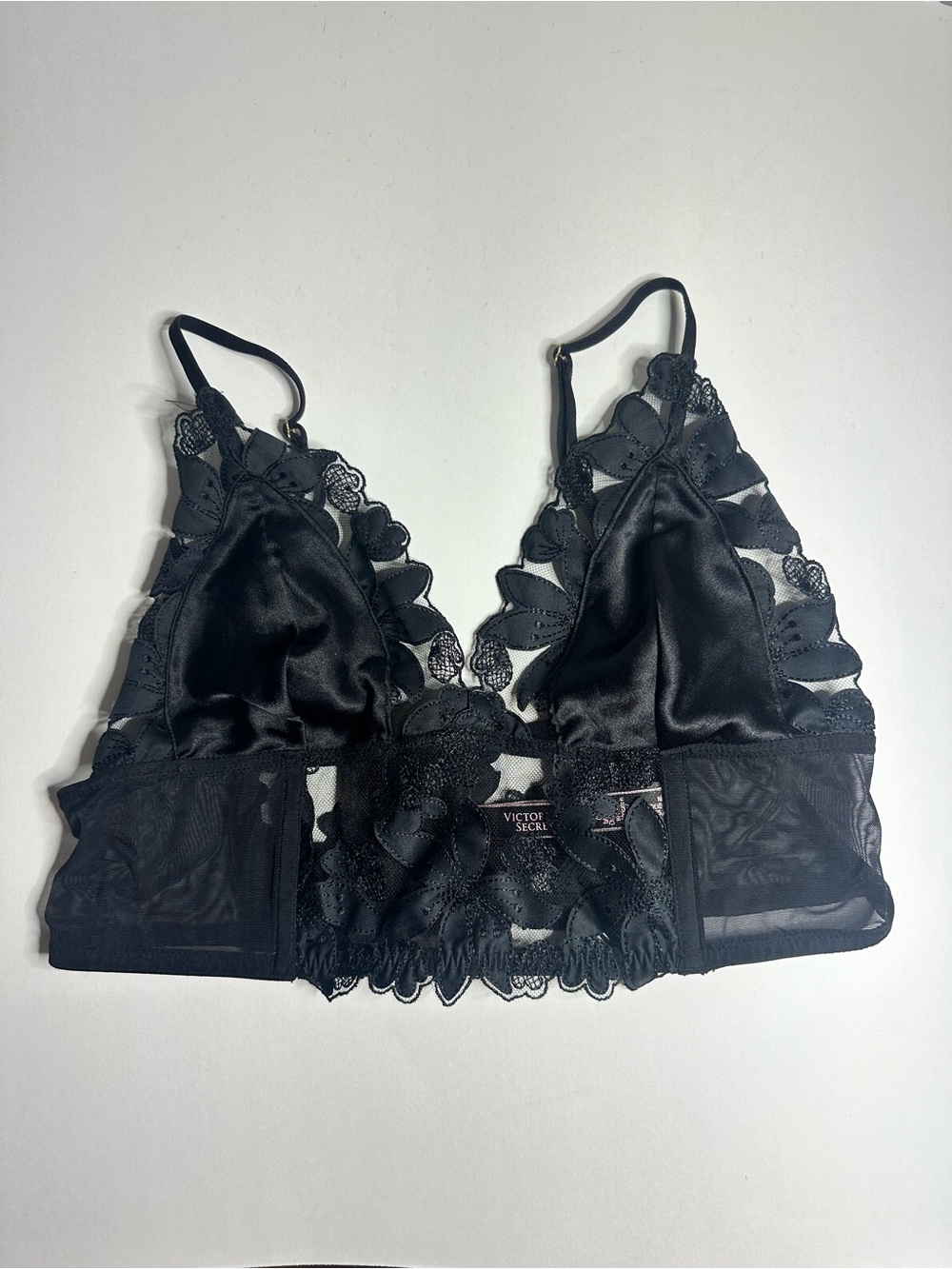 Victoria's Secret Black Lace Caged Floral Satin-Trim Bralette